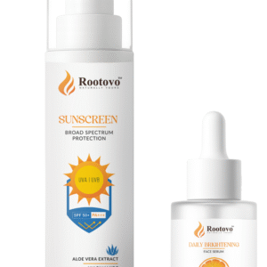 rootovo vitamin c face serum & spf 50+ pa+++ sunscreen combo | brightening & hydrating skincare set for glowing skin |15% vitamin c, 5% niacinamide, hyaluronic acid, alpha arbutin, aloe vera extract| for all skin types | 30ml + 50g