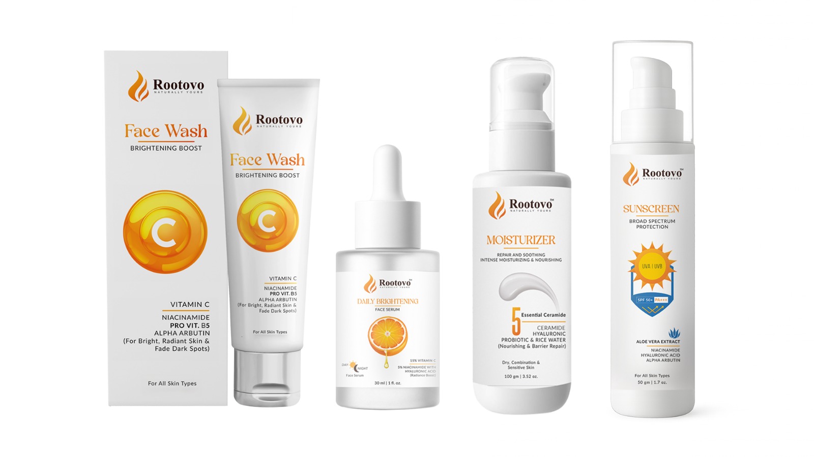 rootovo complete skincare combo | vitamin c face wash, 15% vitamin c, 5% niacinamide face serum, 5 ceramide moisturizer with probiotics and rice water & spf 50 pa+++ sunscreen | brightening, hydration & sun protection | for all skin types rootovo complete skincare combo | vitamin c face wash, 15% vitamin c, 5% niacinamide face serum, 5 ceramide moisturizer with probiotics and rice water & spf 50 pa+++ sunscreen | brightening, hydration & sun protection | for all skin types
